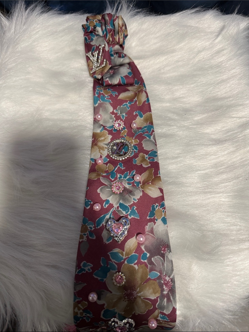 Floral Embellished Satin Junk Tie Berry Pink